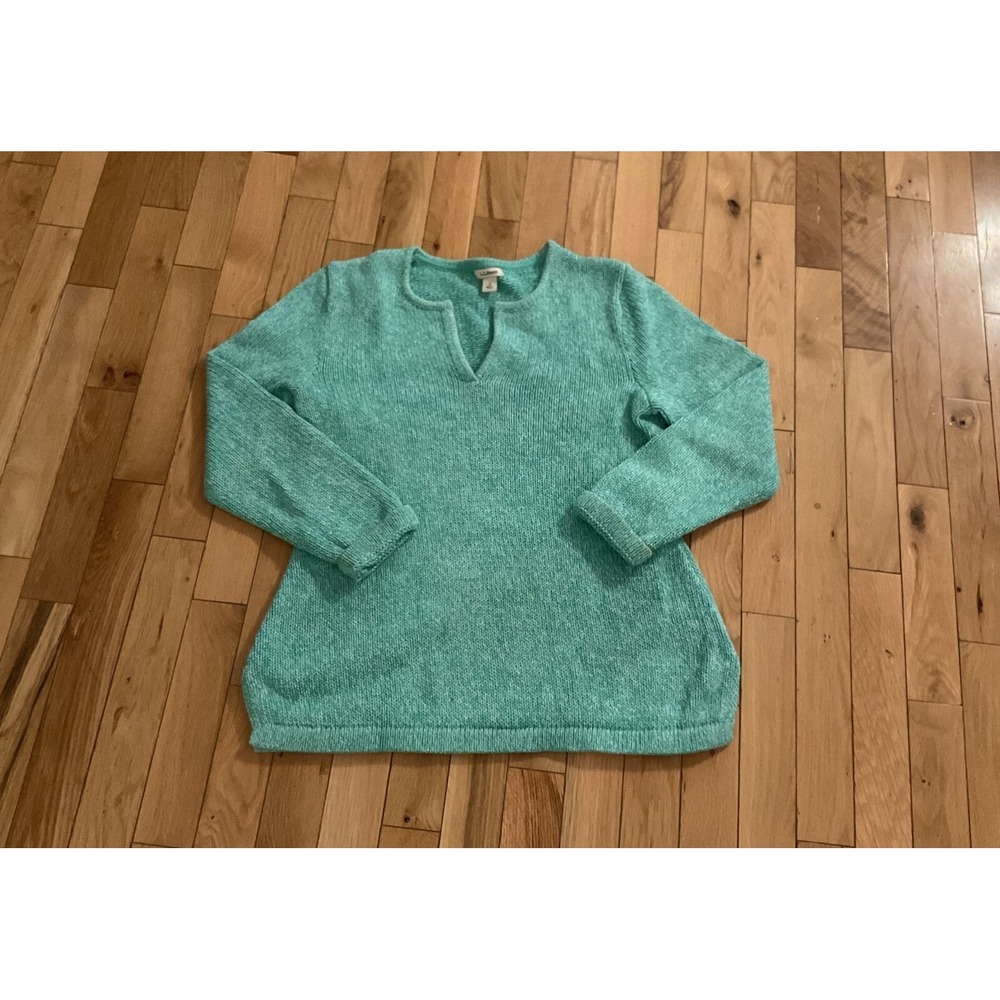 L.L.Bean Womens Sweater Small Petite Teal Knit Pullover 100%‎ Cotton
